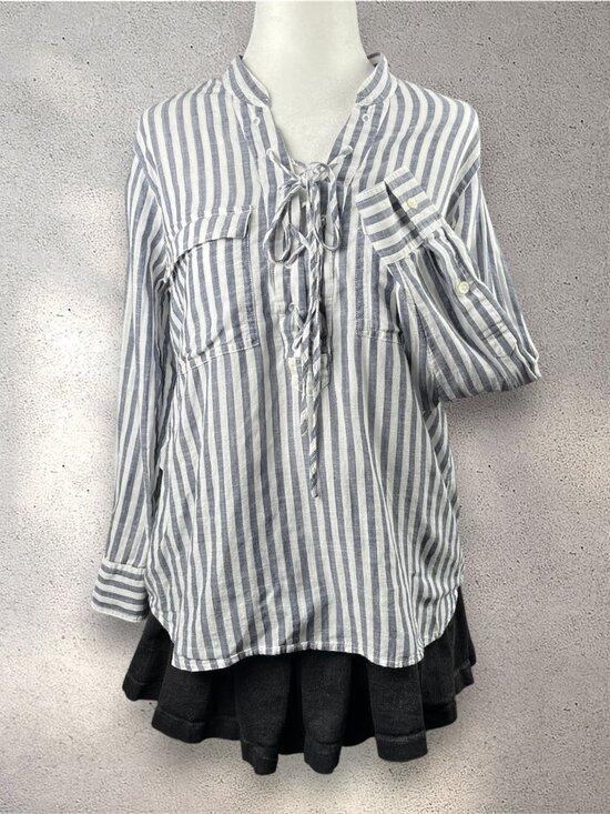 Madewell Tops - Madewell Lace Up Terrace Blouse Women's XS Blue White Striped Boho Cottagecore